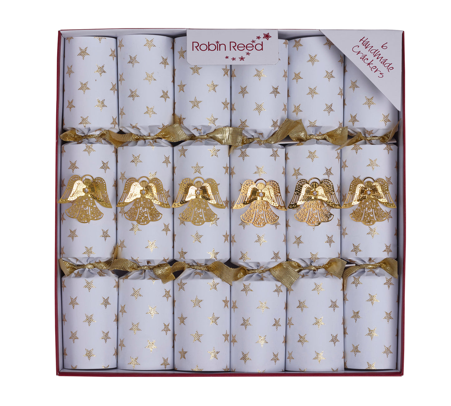 Cracker smellbonbon med gull engler. Hvit med gull engler