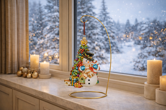 Snømann ved juletreet - glassfigur