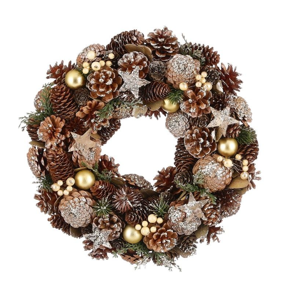 Krans 34cm med kongler, granbar og stjerner