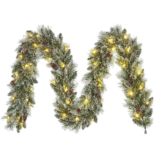 Kunstig granbar girlander med frost, kongler og LED lys. 270 cm