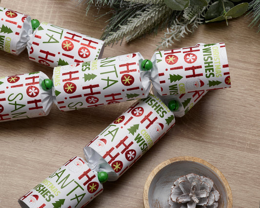 Hvit smellbonbon med Santa og hohoho. Tradisjonelt britisk design