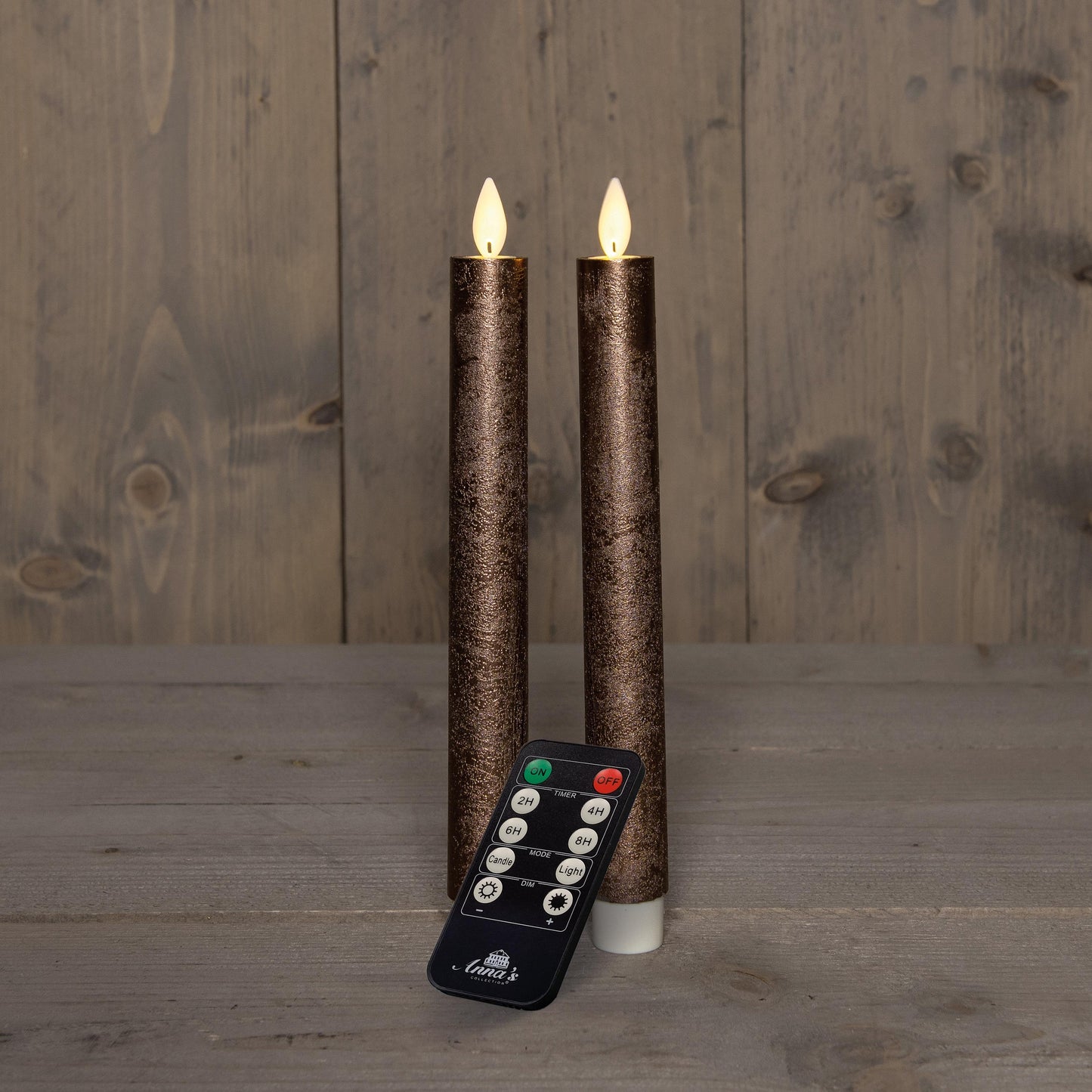 2 stk stearinlys rustikk bronse - LED flamme - fjernkontroll