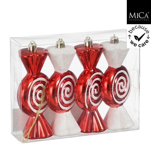 Sett med 4 juletrepynt - sukkertøy - candy cane mønster