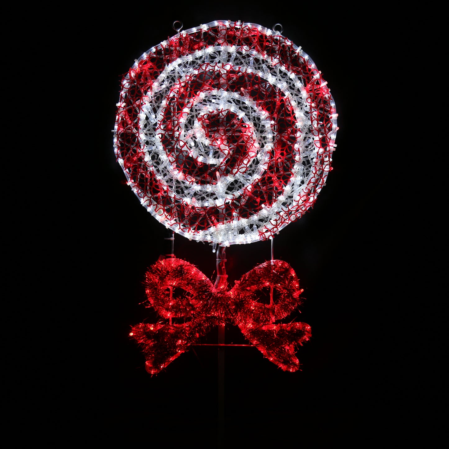 Slikkepinne med sløyfe - rød og hvitt candy cane mønster
