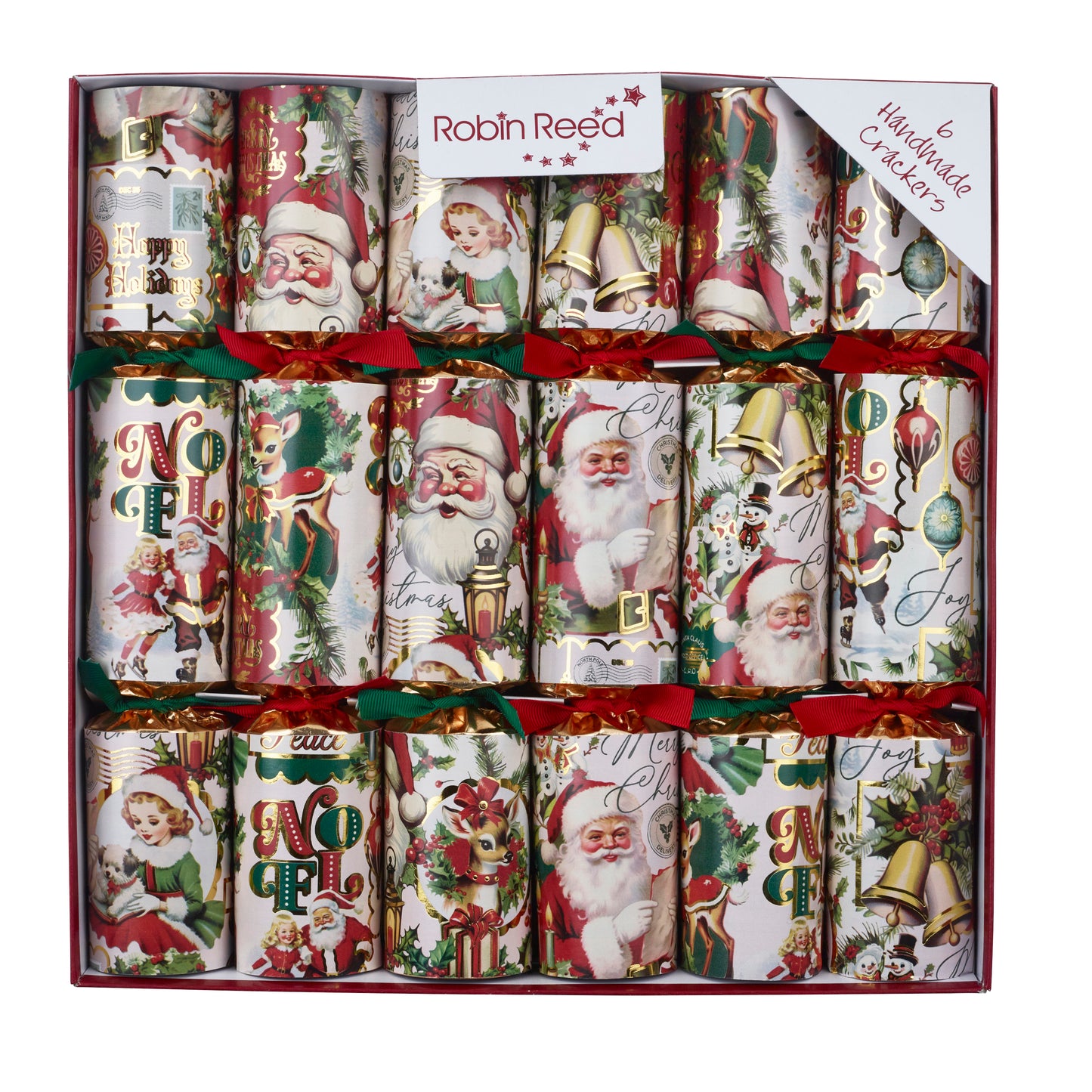 Time for Cheer 6-pakning røde smellbonbon med bjeller og julekuler. Store smellbonbon