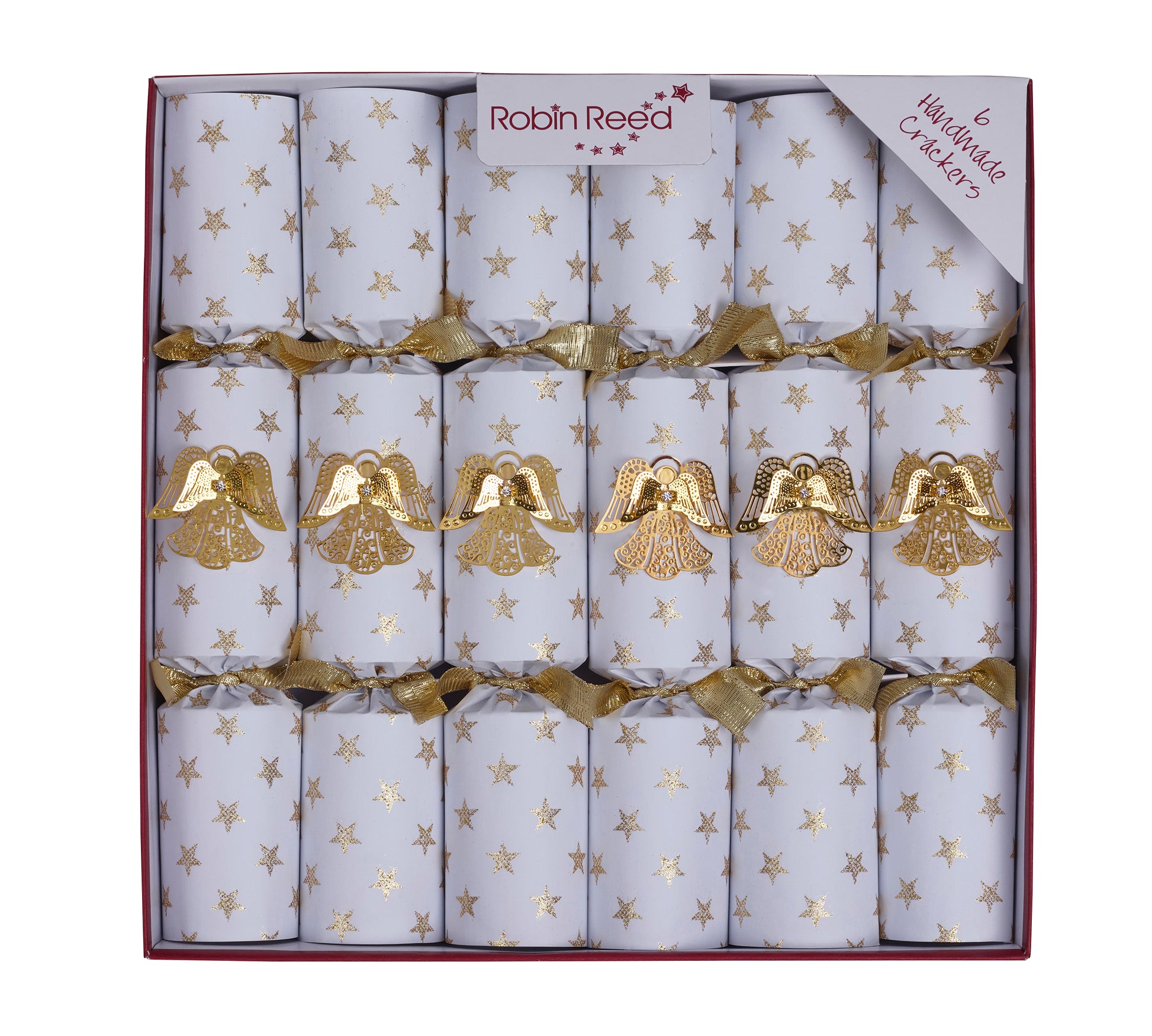 Cracker smellbonbon med gull engler. Hvit med gull engler