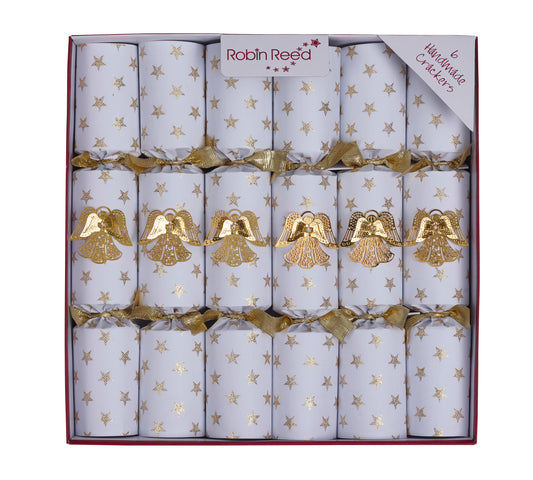 Cracker smellbonbon med gull engler. Hvit med gull engler