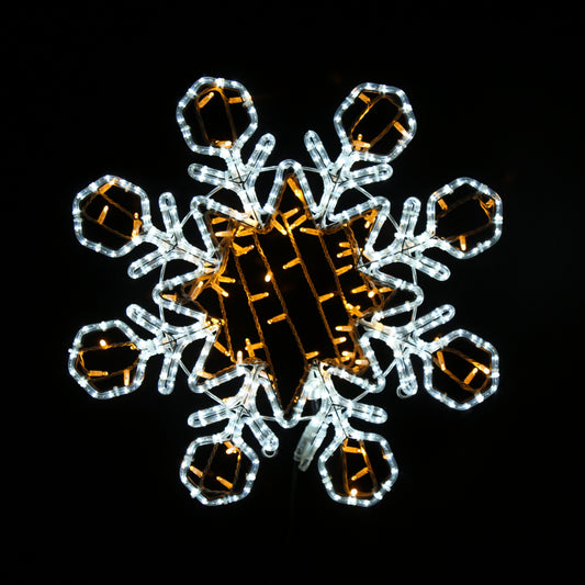 LED-snøfnugg med varmhvitt og kaldhvitt lys, 80 cm i diameter.