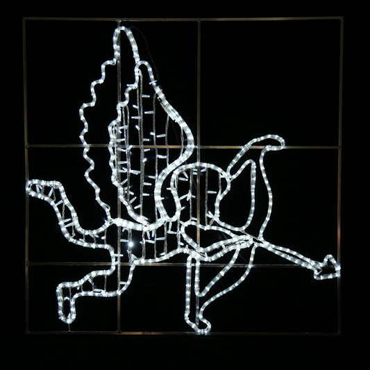 Kaldhvit LED-figur av en engel som skyter Amors pil, 120 × 120 cm.