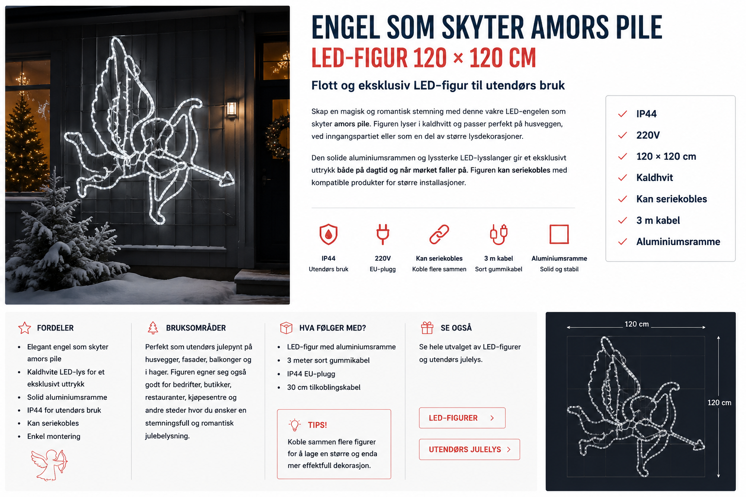 Stor LED-engel med vinger, pil og bue montert på aluminiumsramme.