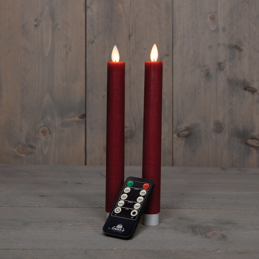 2 stk stearinlys burgunder - LED flamme - fjernkontroll