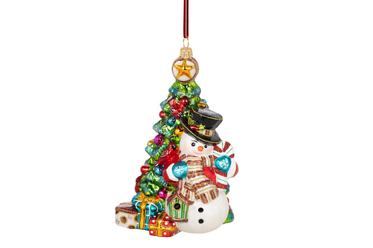 Snømann ved juletreet - glassfigur - Julelysbutikken.no