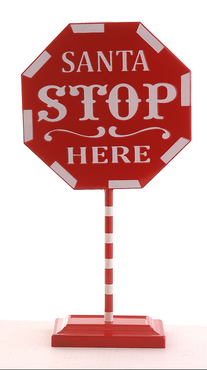 Amerikansk julepynt - Santa stop here skilt i metall