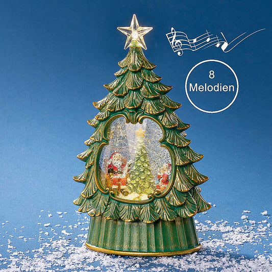 LED-juletre lykt med julenisse, snøeffekt og musikk – 30,5 cm - Julelysbutikken.no