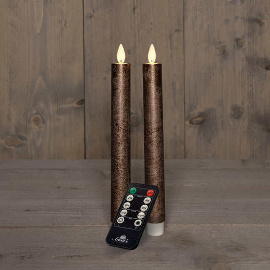 2 stk stearinlys rustikk bronse - LED flamme - fjernkontroll