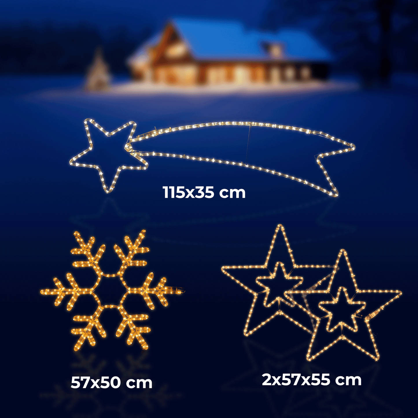Varmhvit drøm - 2 stjerner, stjerneskudd og snøfnugg