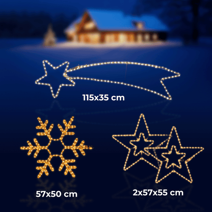 Varmhvit drøm - 2 stjerner, stjerneskudd og snøfnugg