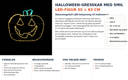 Halloween-gresskar med smil – LED-figur 55 × 63 cm